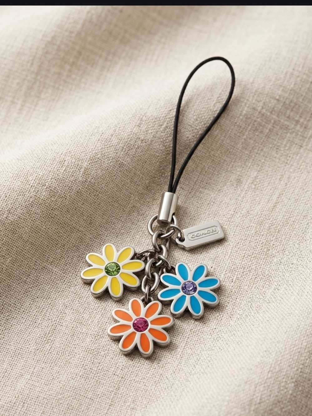 Vintage COACH Silver Tone Daisy Flower Trio Bag Charm / Phone Strap Rare